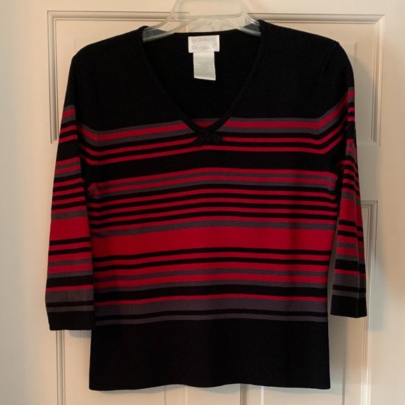 2/$20 Designers Originals Black/Red/Grey Stripe 3/4 Sleeve Sweater - Size Medium - Picture 1 of 7